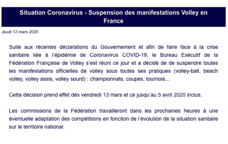 Coronavirus : entrainements et compétitions suspendues !